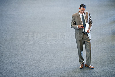 Buy stock photo Businessman, phone and lawyer in office, online and reading notification on communication app. Male person, attorney and internet for legal research in workplace, planning and advocate with paperwork