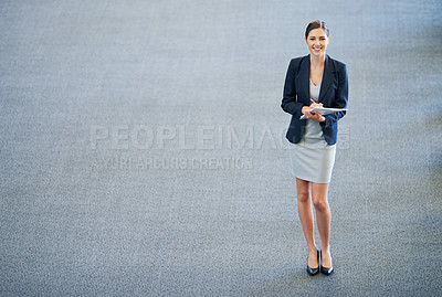 Buy stock photo Businesswoman, portrait and confident lawyer in office, smile and proud of documents in workplace. Female person, agency and career opportunity in firm for startup company, employee and paperwork