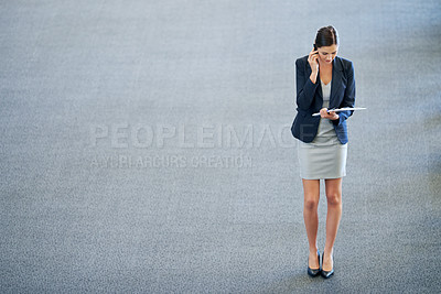 Buy stock photo Space, documents or business woman on a phone call in office networking or speaking to chat in discussion. Mockup, planning or entrepreneur in conversation, mobile communication or deal for paperwork