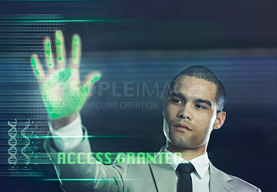 Buy stock photo Access, security or hand of businessman on overlay technology or future hologram for biometrics. Black background, handprint or entrepreneur with touchscreen for digital database or scanning id info