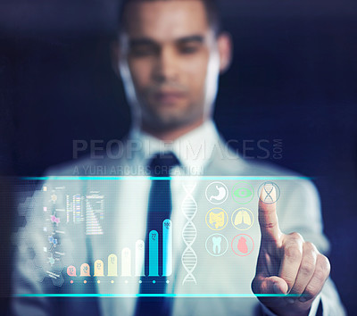 Buy stock photo Concept shot of a young businessman using a digital interface