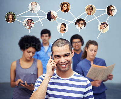 Buy stock photo A shot of a man talking on his phone with all of his contacts standing on the background. All screen content is designed by us and not copyrighted by others, and upon purchase a user license is granted to the purchaser. A property release can be obtained if needed.