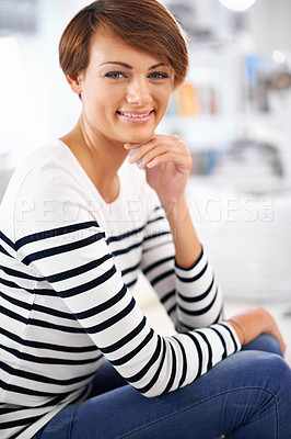 Buy stock photo Portrait, confident and peace with woman, home and happiness with smile and apartment with cheerful girl in a living room. Face, person and weekend break with condo and relax with comfort and calm