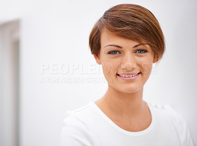 Buy stock photo Portrait, smile and home with woman, mockup space and wall background with confidence and casual. Face, person and apartment with girl and comfort with peace and calming with happiness and relaxing