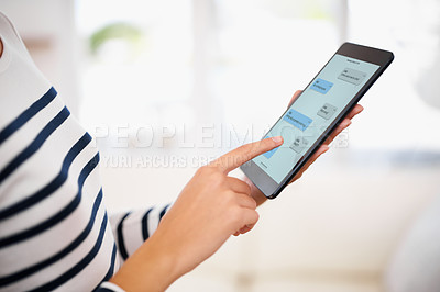 Buy stock photo Hands, tablet and screen with online chat, social media or text message for communication on the internet. Technology, digital and email with person, app or website for conversation with connectivity