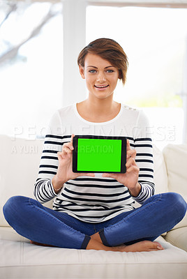 Buy stock photo Sofa, portrait and woman with tablet, green screen, relax and happy with technology of device. Adult, female person and girl in lounge of home, living room and display of digital  for app and online