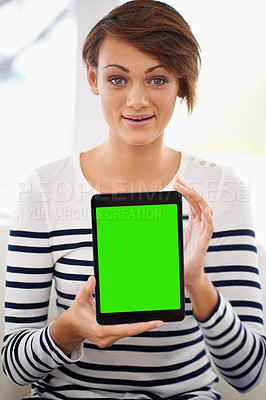Buy stock photo Woman, portrait and tablet green screen for presentation, information and marketing of website at home. Young and casual person with digital technology, mockup and space for internet, FAQ or blog