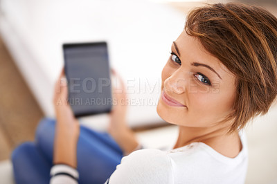 Buy stock photo Portrait, girl and home with woman, tablet and digital app with connection and communication. Face, person or relax with technology or apartment with social media or internet with online blog or game