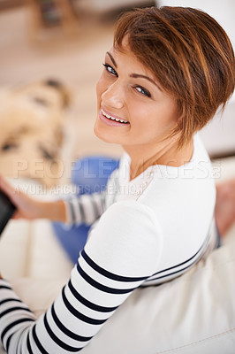 Buy stock photo Home, portrait and happy woman relax on sofa on holiday or vacation at hotel or house in Texas. Girl, smile and enjoy sitting on couch in living room with wellness and calm morning on weekend
