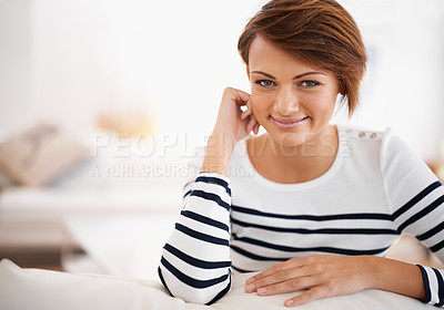 Buy stock photo Portrait, smile and happiness with woman, home and calming with peace and apartment with cheerful girl in a living room. Face, person or weekend break with wellness and condo with comfort or relax