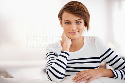 Buy stock photo Sofa, portrait and woman with beauty to relax in home, lounge with happiness on vacation or holiday. Calm, break and girl with smile in casual clothes or fashion in apartment with makeup mockup