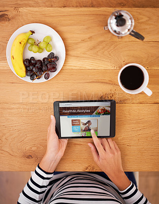 Buy stock photo Hands, home and breakfast with tablet screen with healthy lifestyle, blog and food website for diet or detox. Person scroll or typing on digital technology with fruits, coffee and table from above