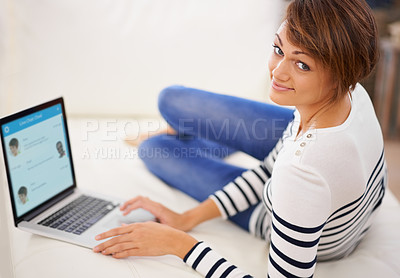 Buy stock photo Laptop screen, woman and relax with chat app for communication, message and contact with date online. Portrait of person at home, bedroom and typing on computer with ui, internet and social media 