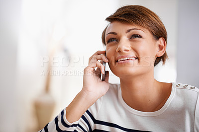 Buy stock photo Phone call, happy and woman in home for conversation, online chatting and talking on weekend. Relax, smile and face of person with cellphone for communication, networking and contact in apartment