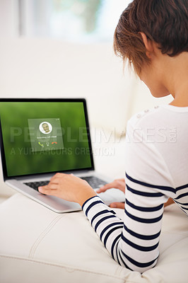 Buy stock photo Woman, laptop screen and start video call for communication, social media and casual chat online. Internet, connection and technology for virtual conference, digital and contact with webcam at home