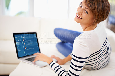 Buy stock photo Computer screen, woman and relax with chat app for communication, message and contact with online platform. Portrait of person at home on sofa and typing on laptop with ui, internet and social media 