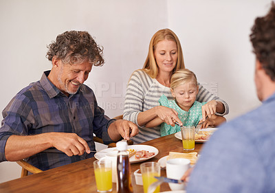 Buy stock photo Couple, child and home for breakfast with guest on happiness in morning for bonding with conversation, support and care. Family, parents and meal to eat with coffee, table and enjoy together. 