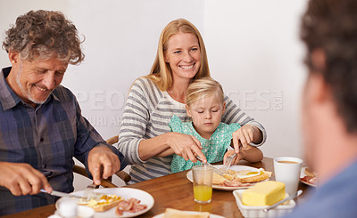 Buy stock photo Parents, child and home for breakfast on happiness in morning for bonding with conversation, support and care. Family, kid and guest for meal to eat with coffee in table for  fun, enjoy and together.