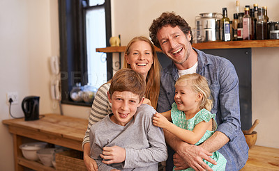 Buy stock photo Family, portrait and hug in kitchen with happiness, love and security at home for bonding. Mother, father and children with laughter and playful together, people with smile and support with trust