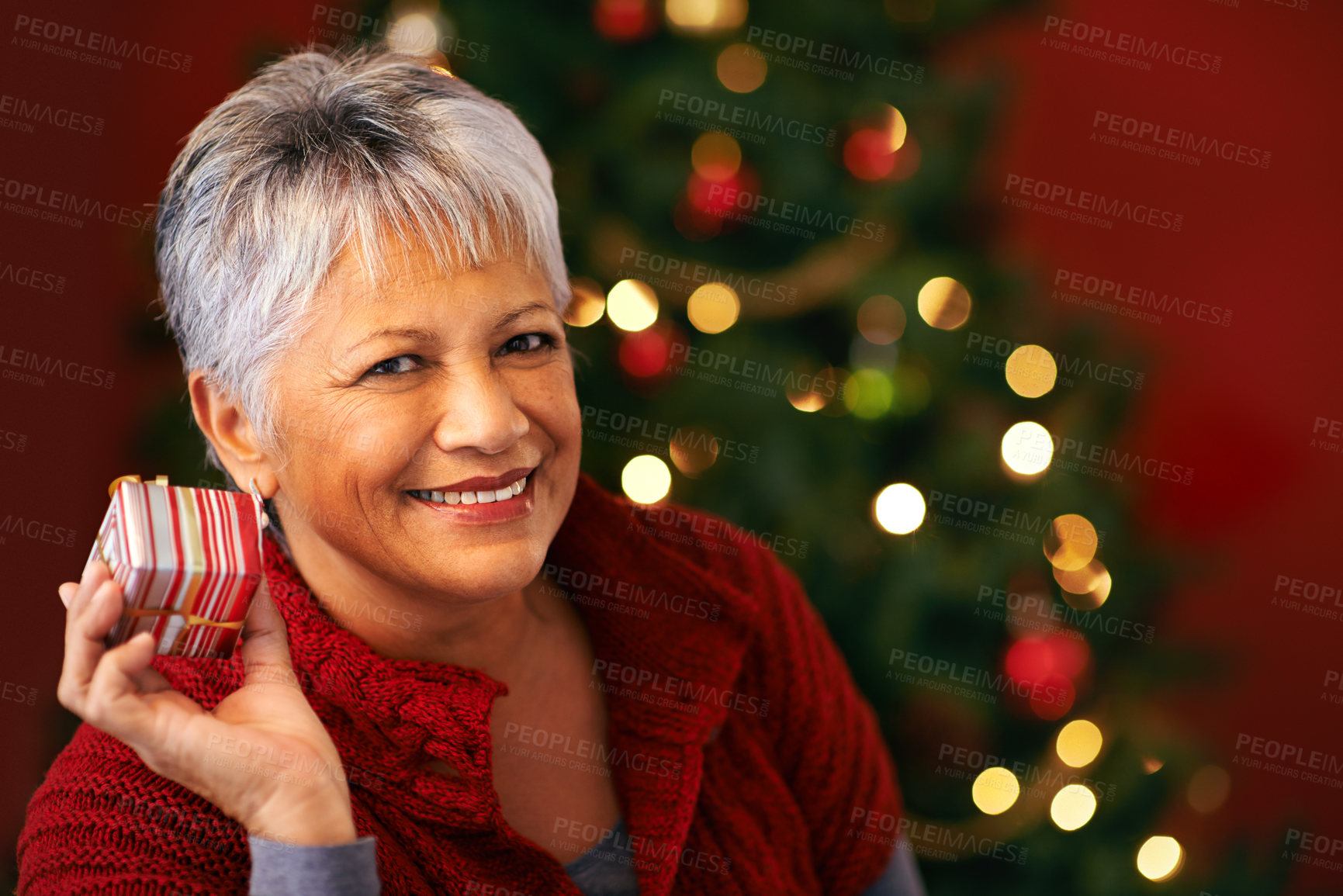 Buy stock photo Portrait, Christmas and present for mature woman, smile and box for celebration. Tree, decoration and gift for Christian holiday, happy or package for special family event for senior female at home