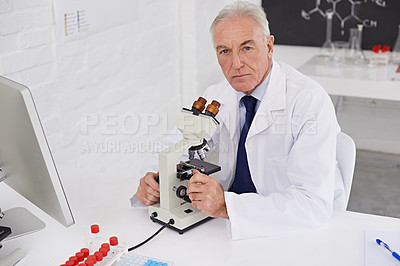 Buy stock photo Scientist, portrait and microscope in laboratory for chemistry experiment, development or medical research. Investigation, mature man and serious with technology, sample and growth in vaccine study