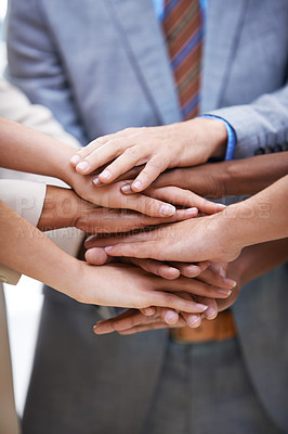 Buy stock photo Teamwork, hands and business people in support with solidarity, collaboration and partnership trust closeup. Team building, community and employees with diversity, commitment and goal motivation