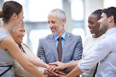 Buy stock photo Business people, group and hands together for collaboration cooperation and solidarity. Teamwork, smile and community huddle of employees for support, trust and motivation for goals in partnership.