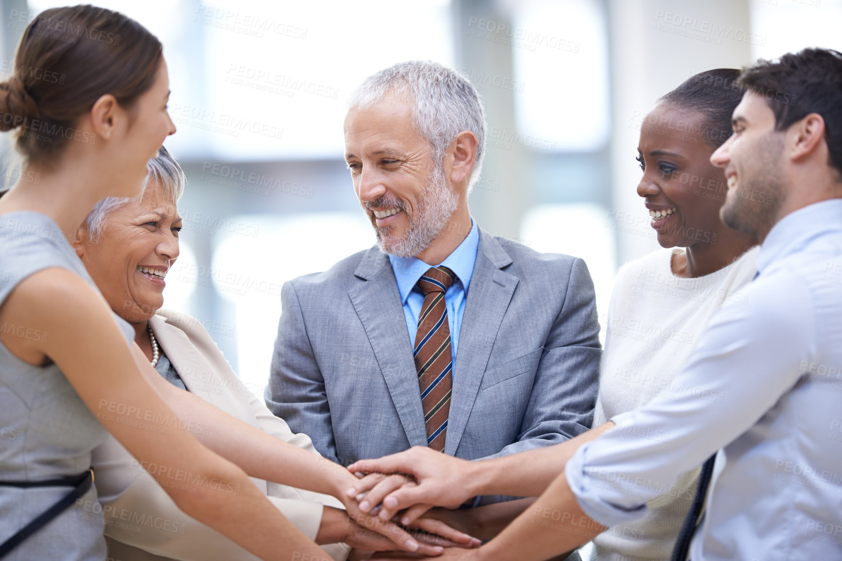 Buy stock photo Business people, group and hands together for collaboration cooperation and solidarity. Teamwork, smile and community huddle of employees for support, trust and motivation for goals in partnership.