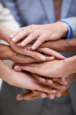 Buy stock photo Teamwork, support and hands of business people with solidarity, collaboration and partnership trust closeup. Team building, community and employees with diversity, commitment and goal motivation