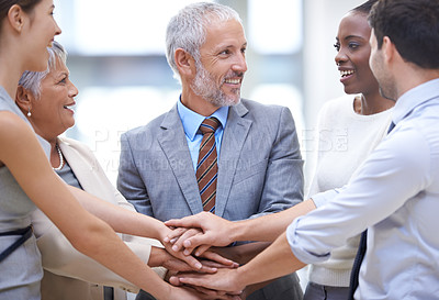 Buy stock photo Business people, group and hands together for teamwork cooperation and solidarity. Collaboration, smile and community huddle of employees for support, mission and motivation for goals in partnership.