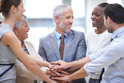Buy stock photo Business people, collaboration and hands together for teamwork, cooperation and solidarity. Group, smile and community huddle of employees for support, mission and motivation for goals in partnership