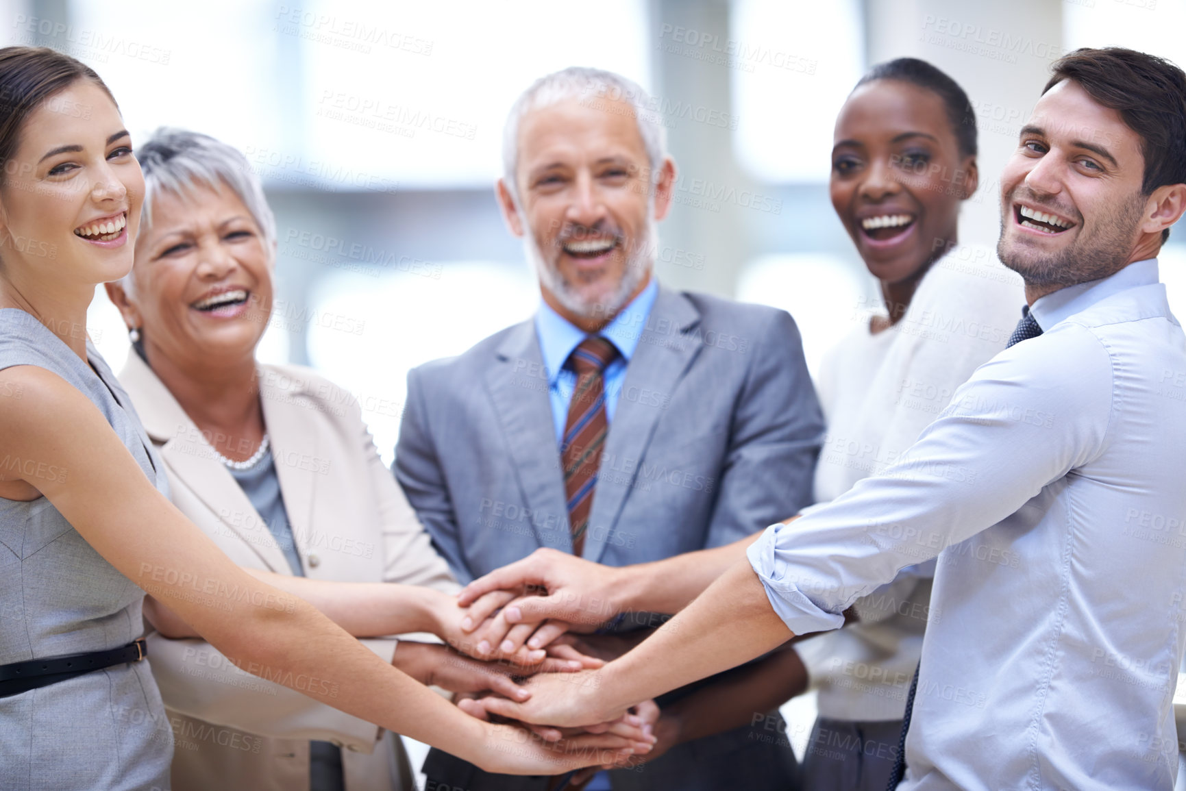 Buy stock photo Portrait, laughing or business people with hands in stack for mission goals, collaboration or teamwork. Team building, support or happy employees in meeting with smile, solidarity or group motivation