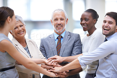 Buy stock photo Portrait, support or business people with hand in stack for mission goals, collaboration or teamwork. Team building, group or happy employees in meeting with smile, solidarity or motivation together