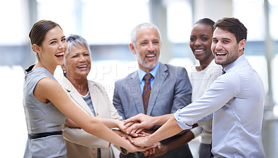 Buy stock photo Portrait, smile or business people with hands in stack for mission goals, collaboration or teamwork. Team building, laughing or happy employees in meeting with support, solidarity or group motivation