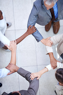 Buy stock photo Business people, above and arm circle in office in support for teamwork, collaboration or partnership. Corporate, solidarity or team with elbow link for mission unity, trust or workflow efficiency