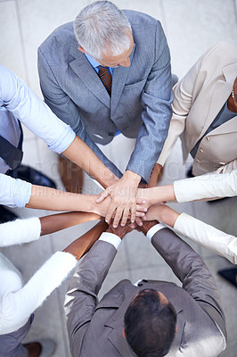 Buy stock photo Teamwork, top view and business people hands in support of solidarity, collaboration and partnership agreement. Team building, community and employees with diversity, commitment and goal motivation