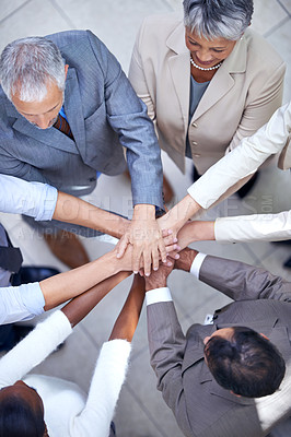 Buy stock photo Group, above or business people with hands in stack for mission goal, collaboration or teamwork. Team building, unity circle or top view of employees in meeting with support, solidarity or motivation