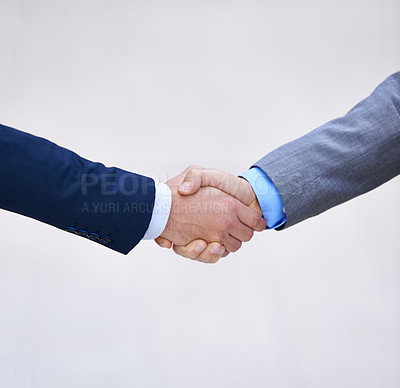 Buy stock photo Closeup, business people and handshake for deal, collaboration and b2b partnership agreement for consultant. Welcome, introduction and shaking hands for support, thank you or mockup space in office