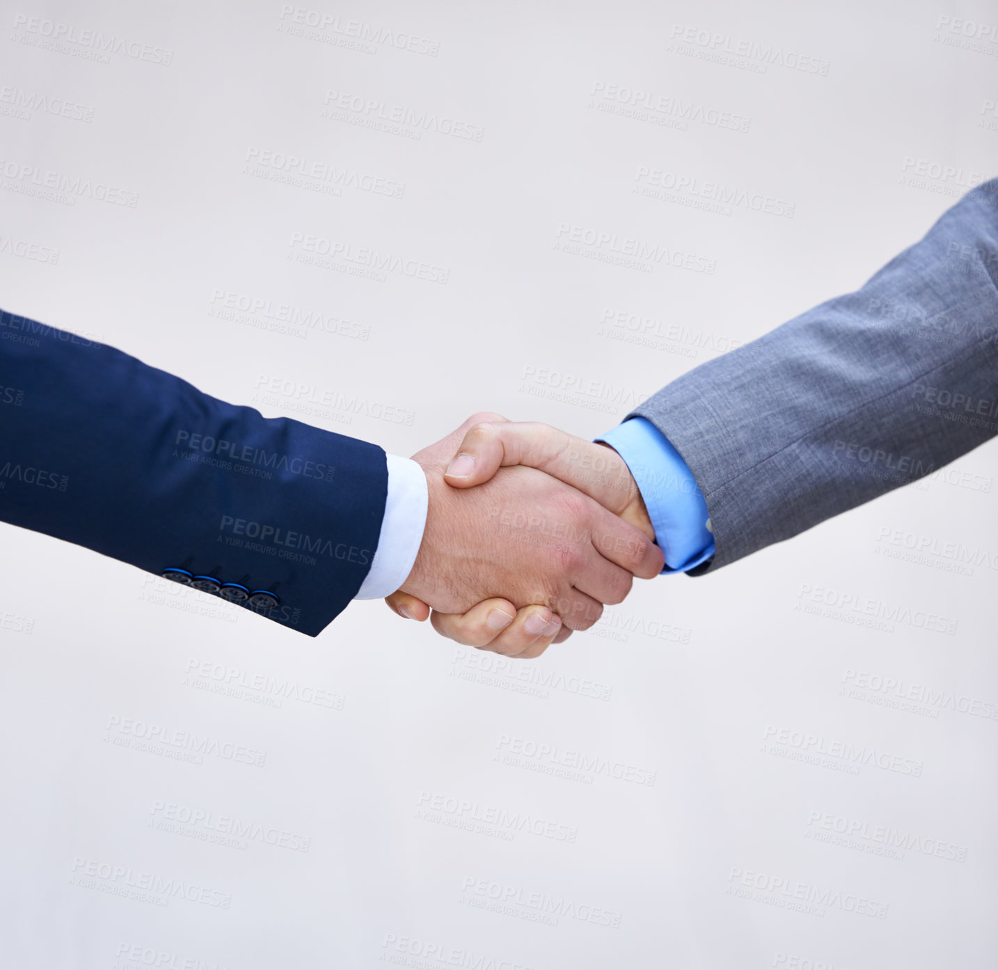 Buy stock photo Closeup, business people and handshake for deal, collaboration and b2b partnership agreement for consultant. Welcome, introduction and shaking hands for support, thank you or mockup space in office