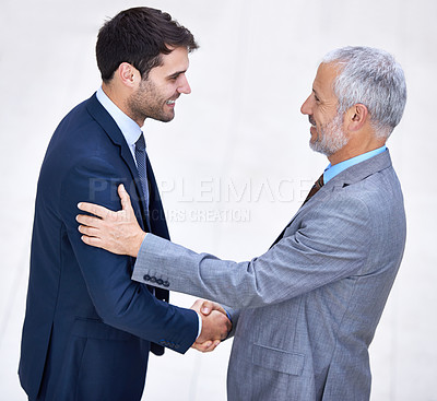 Buy stock photo Smile, business people and shaking hands with ceo for deal, collaboration or b2b partnership agreement with agent. Senior, happy manager or handshake for introduction, greeting or thank you in office