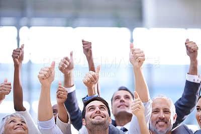 Buy stock photo Hands, portrait and business people with thumbs up for teamwork, success and happy. Group, like gesture and employees with emoji for agreement, excellence and thank you for vote, review and support.