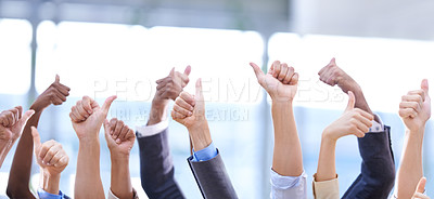 Buy stock photo Group, hands and thumbs up for business, collaboration and success, goal or ok. People, like gesture and employees with emoji for agreement, team excellence and thank you for vote, review and support