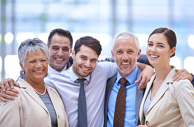 Buy stock photo Business people, smile and portrait of team in office together for cooperation in corporate company for career. Face, diverse group or happy professional agents with senior managers for collaboration