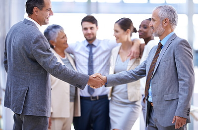 Buy stock photo Business people, CEO or shaking hands for deal, b2b collaboration or teamwork in office. Handshake, partnership or proud employee in corporate agreement with meeting success, welcome or thank you