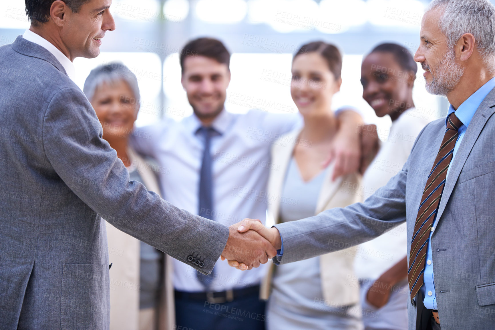Buy stock photo Happy business people, CEO or shaking hands for recruitment, collaboration or teamwork. Handshake, partnership or employee in corporate agreement with meeting success, welcome or office thank you