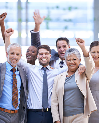 Buy stock photo Happy business people, portrait or cheers for success with collaboration target, goals or teamwork. Hands up, profit bonus or excited employees winning in corporate with group, welcome or achievement