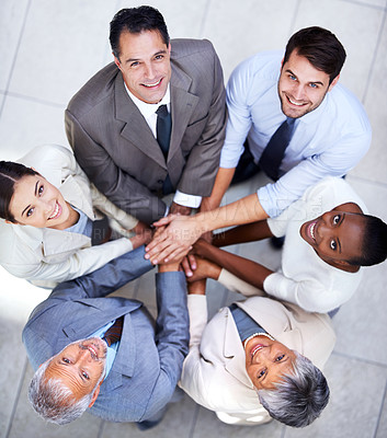 Buy stock photo Business people, portrait and team huddle for hands, community and support or unity. Colleagues, diversity and agreement in collaboration or alliance at work, solidarity and cooperation in office