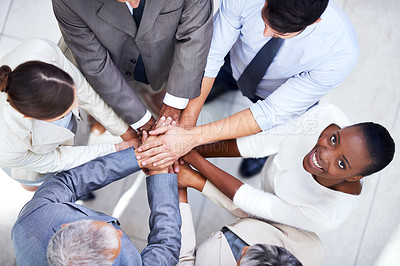 Buy stock photo Business people, team and huddle for hands in pile, community and support or unity. Colleagues, portrait and agreement in collaboration or alliance in workplace, solidarity and above for cooperation