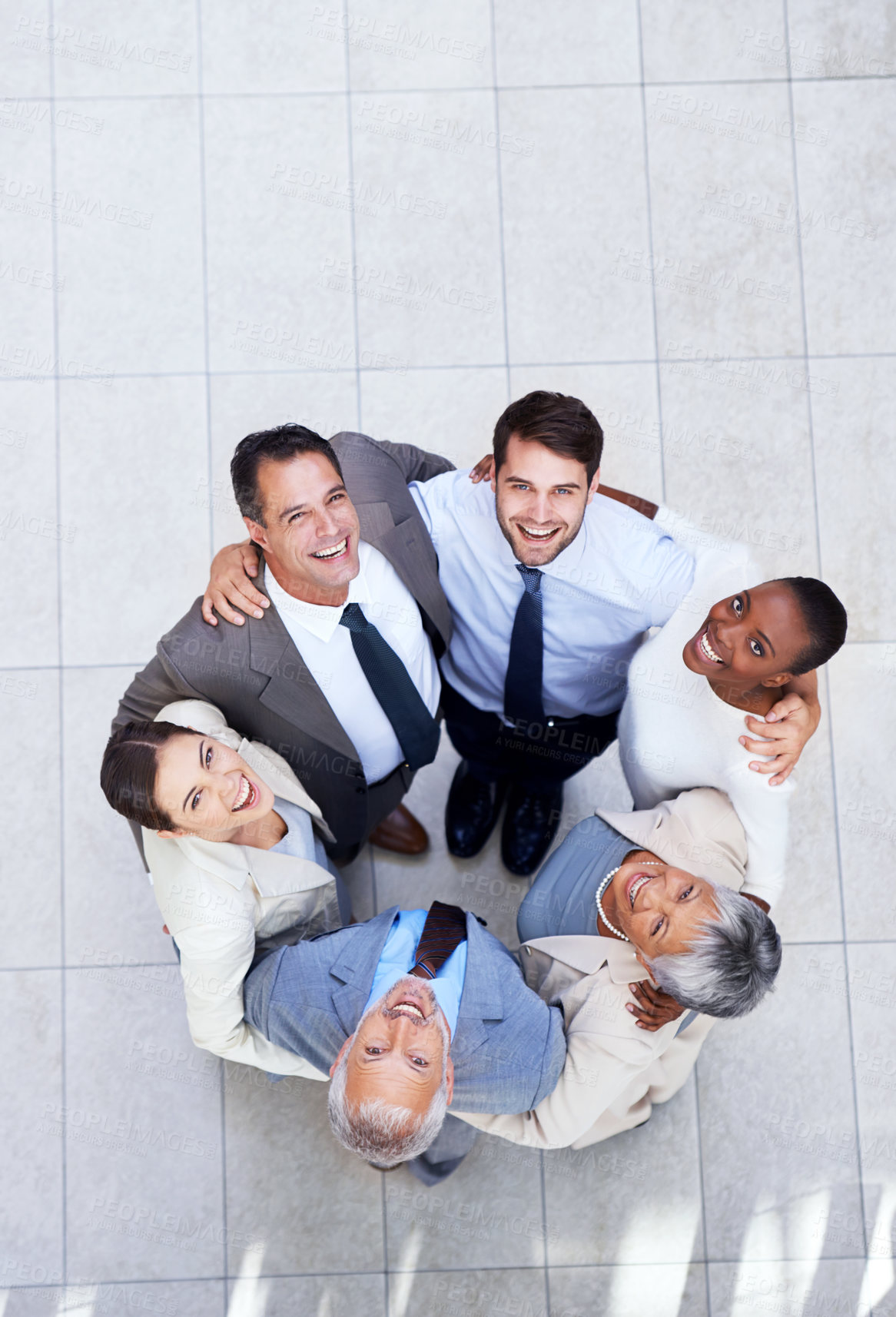 Buy stock photo Business people, portrait and huddle for team circle in office, community and support or unity. Colleagues, diversity and collaboration in embrace in workplace, solidarity and above for cooperation