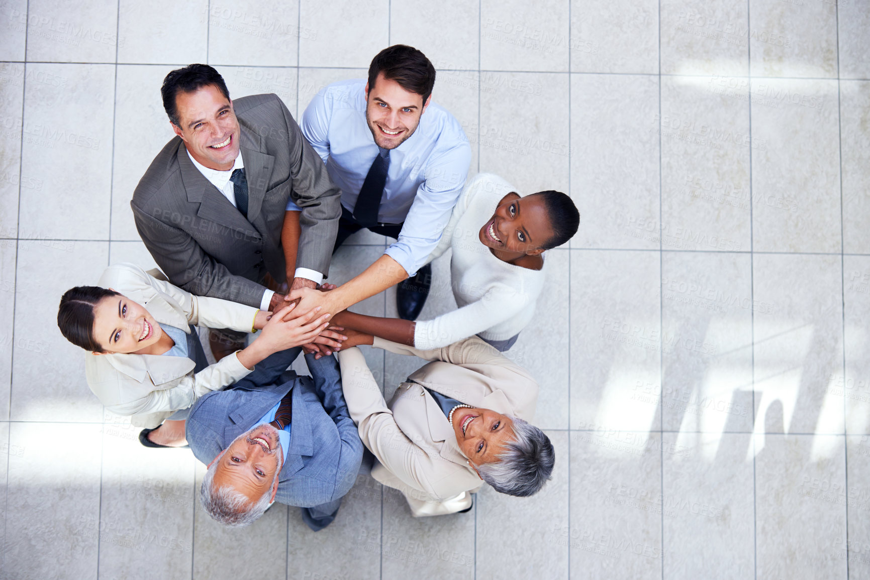 Buy stock photo Business people, portrait and huddle for hands in stack, community and support or unity. Colleagues, team and agreement in collaboration or alliance in workplace, solidarity and cooperation in agency